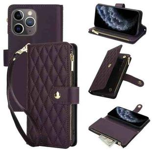 For iPhone 11 Pro YM016 Rhombic Zipper Card Wallet Leather Phone Case with Lanyard(Dark Purple)