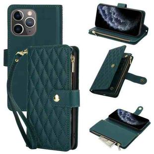 For iPhone 11 Pro YM016 Rhombic Zipper Card Wallet Leather Phone Case with Lanyard(Green)
