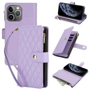 For iPhone 11 Pro YM016 Rhombic Zipper Card Wallet Leather Phone Case with Lanyard(Light Purple)