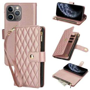 For iPhone 11 Pro YM016 Rhombic Zipper Card Wallet Leather Phone Case with Lanyard(Rose Gold)