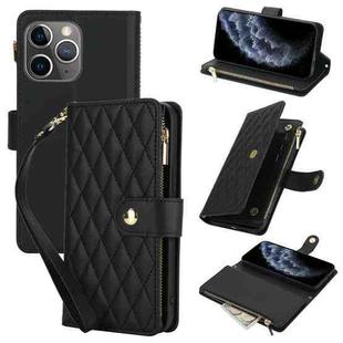 For iPhone 11 Pro YM016 Rhombic Zipper Card Wallet Leather Phone Case with Lanyard(Black)