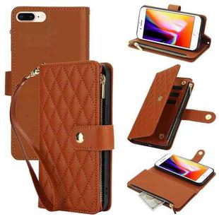 For iPhone 8 Plus / 7 Plus YM016 Rhombic Zipper Card Wallet Leather Phone Case with Lanyard(Brown)
