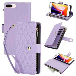 For iPhone 8 Plus / 7 Plus YM016 Rhombic Zipper Card Wallet Leather Phone Case with Lanyard(Light Purple)