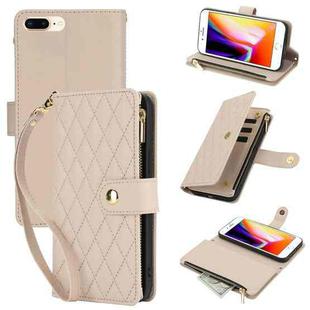 For iPhone 8 Plus / 7 Plus YM016 Rhombic Zipper Card Wallet Leather Phone Case with Lanyard(Apricot)