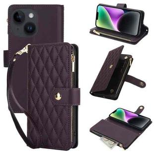 For iPhone 14 Plus YM016 Rhombic Zipper Card Wallet Leather Phone Case with Lanyard(Dark Purple)