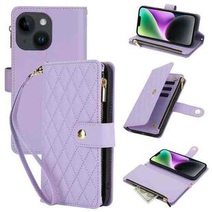 For iPhone 14 Plus YM016 Rhombic Zipper Card Wallet Leather Phone Case with Lanyard(Light Purple)