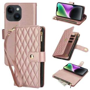 For iPhone 14 Plus YM016 Rhombic Zipper Card Wallet Leather Phone Case with Lanyard(Rose Gold)
