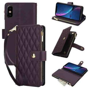 For iPhone X / XS YM016 Rhombic Zipper Card Wallet Leather Phone Case with Lanyard(Dark Purple)