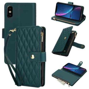 For iPhone X / XS YM016 Rhombic Zipper Card Wallet Leather Phone Case with Lanyard(Green)