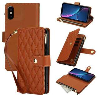 For iPhone X / XS YM016 Rhombic Zipper Card Wallet Leather Phone Case with Lanyard(Brown)