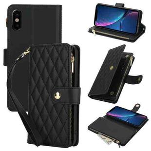 For iPhone X / XS YM016 Rhombic Zipper Card Wallet Leather Phone Case with Lanyard(Black)