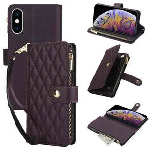 For iPhone XS Max YM016 Rhombic Zipper Card Wallet Leather Phone Case with Lanyard(Dark Purple)