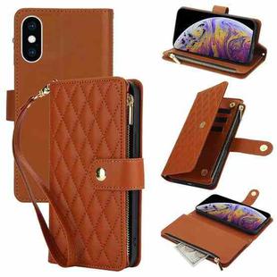 For iPhone XS Max YM016 Rhombic Zipper Card Wallet Leather Phone Case with Lanyard(Brown)