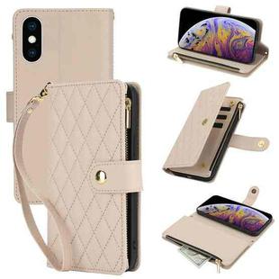 For iPhone XS Max YM016 Rhombic Zipper Card Wallet Leather Phone Case with Lanyard(Apricot)