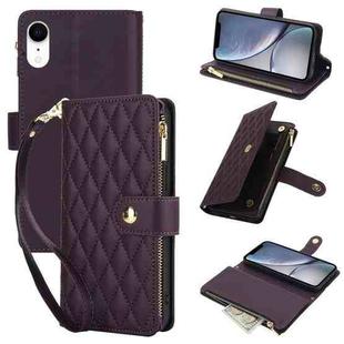 For iPhone XR YM016 Rhombic Zipper Card Wallet Leather Phone Case with Lanyard(Dark Purple)