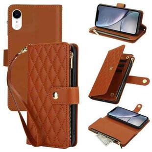 For iPhone XR YM016 Rhombic Zipper Card Wallet Leather Phone Case with Lanyard(Brown)