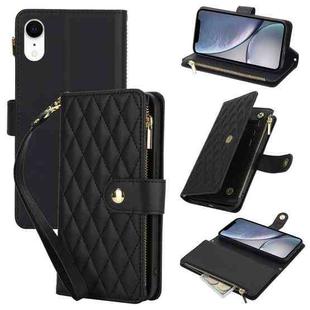 For iPhone XR YM016 Rhombic Zipper Card Wallet Leather Phone Case with Lanyard(Black)