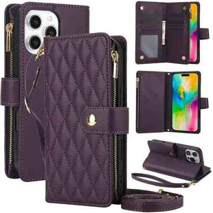 For iPhone 16 Pro Max YM016 Rhombic Zipper Card Wallet Leather Phone Case with Lanyard(Dark Purple)