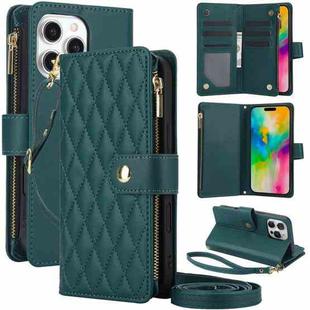 For iPhone 16 Pro Max YM016 Rhombic Zipper Card Wallet Leather Phone Case with Lanyard(Green)
