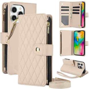 For iPhone 16 Pro Max YM016 Rhombic Zipper Card Wallet Leather Phone Case with Lanyard(Apricot)