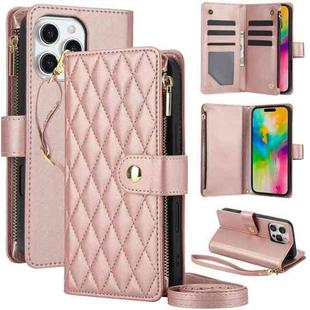 For iPhone 16 Pro Max YM016 Rhombic Zipper Card Wallet Leather Phone Case with Lanyard(Rose Gold)