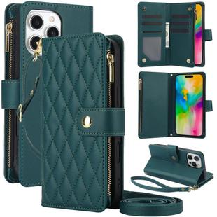 For iPhone 16 Pro YM016 Rhombic Zipper Card Wallet Leather Phone Case with Lanyard(Green)