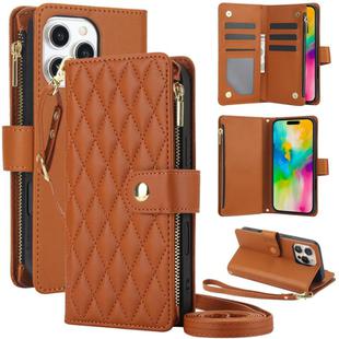 For iPhone 16 Pro YM016 Rhombic Zipper Card Wallet Leather Phone Case with Lanyard(Brown)