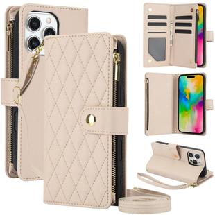 For iPhone 16 Pro YM016 Rhombic Zipper Card Wallet Leather Phone Case with Lanyard(Apricot)