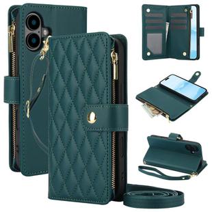 For iPhone 16 Plus YM016 Rhombic Zipper Card Wallet Leather Phone Case with Lanyard(Green)