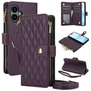For iPhone 16 YM016 Rhombic Zipper Card Wallet Leather Phone Case with Lanyard(Dark Purple)