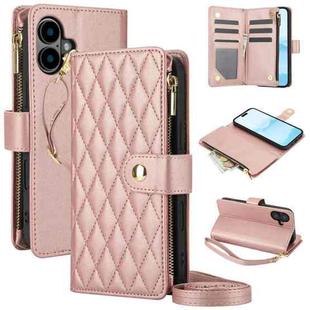 For iPhone 16 YM016 Rhombic Zipper Card Wallet Leather Phone Case with Lanyard(Rose Gold)