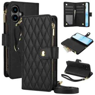 For iPhone 16 YM016 Rhombic Zipper Card Wallet Leather Phone Case with Lanyard(Black)