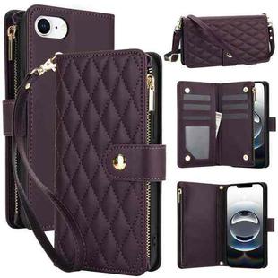 For iPhone 16e YM016 Rhombic Zipper Card Wallet Leather Phone Case with Lanyard(Dark Purple)