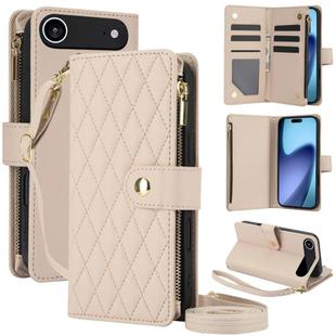 For iPhone Air YM016 Rhombic Zipper Card Wallet Leather Phone Case with Lanyard(Apricot)