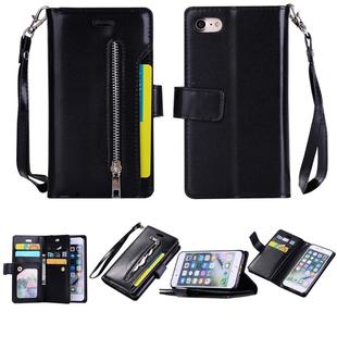 For iPhone SE 2022 / SE 2020 / 8 / 7 Multifunctional Zipper Horizontal Flip Leather Case with Holder & Wallet & 9 Card Slots & Lanyard(Black)