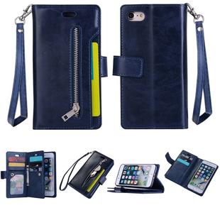 For iPhone SE 2022 / SE 2020 / 8 / 7 Multifunctional Zipper Horizontal Flip Leather Case with Holder & Wallet & 9 Card Slots & Lanyard(Blue)