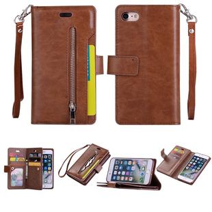 For iPhone SE 2022 / SE 2020 / 8 / 7 Multifunctional Zipper Horizontal Flip Leather Case with Holder & Wallet & 9 Card Slots & Lanyard(Brown)