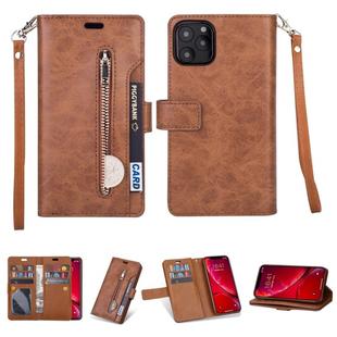 For iPhone 11 Pro Max Multifunctional Zipper Horizontal Flip Leather Case with Holder & Wallet & 9 Card Slots & Lanyard(Brown)