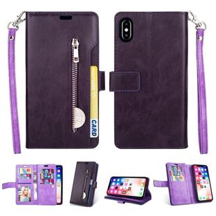 For iPhone X / XS Multifunctional Zipper Horizontal Flip Leather Case with Holder & Wallet & 9 Card Slots & Lanyard(Purple)