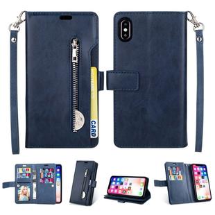 For iPhone X / XS Multifunctional Zipper Horizontal Flip Leather Case with Holder & Wallet & 9 Card Slots & Lanyard(Blue)