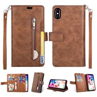 For iPhone X / XS Multifunctional Zipper Horizontal Flip Leather Case with Holder & Wallet & 9 Card Slots & Lanyard(Brown)