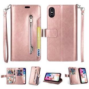 For iPhone X / XS Multifunctional Zipper Horizontal Flip Leather Case with Holder & Wallet & 9 Card Slots & Lanyard(Rose Gold)