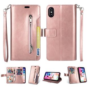 For iPhone XS Max Multifunctional Zipper Horizontal Flip Leather Case with Holder & Wallet & 9 Card Slots & Lanyard(Rose Gold)