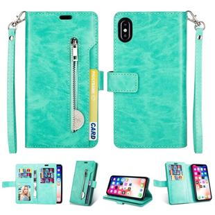 For iPhone XS Max Multifunctional Zipper Horizontal Flip Leather Case with Holder & Wallet & 9 Card Slots & Lanyard(Mint Green)