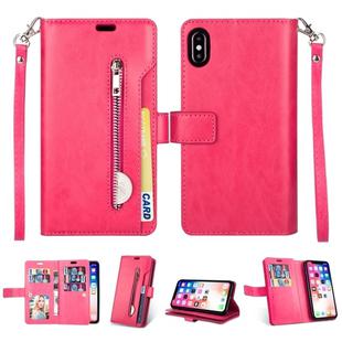 For iPhone XR Multifunctional Zipper Horizontal Flip Leather Case with Holder & Wallet & 9 Card Slots & Lanyard(Rose Red)