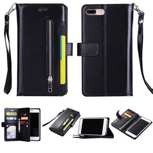 For iPhone 8 Plus & 7 Plus Multifunctional Zipper Horizontal Flip Leather Case with Holder & Wallet & 9 Card Slots & Lanyard(Black)