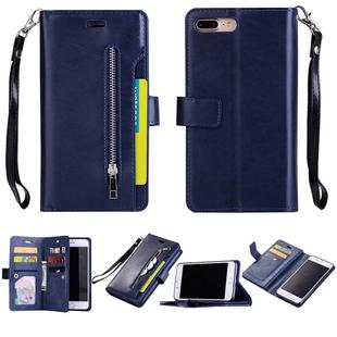 For iPhone 8 Plus & 7 Plus Multifunctional Zipper Horizontal Flip Leather Case with Holder & Wallet & 9 Card Slots & Lanyard(Blue)