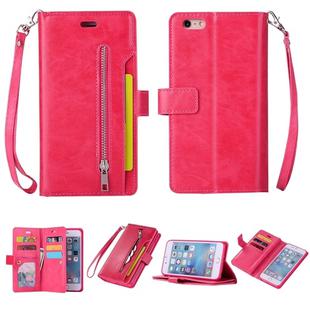 For iPhone 6 Plus & 6s Plus Multifunctional Zipper Horizontal Flip Leather Case with Holder & Wallet & 9 Card Slots & Lanyard(Rose Red)