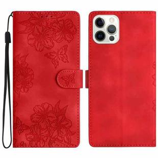 For iPhone 15 Pro Max Cherry Blossom Butterfly Skin Feel Embossed PU Phone Case(Red)