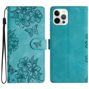 For iPhone 15 Pro Max Cherry Blossom Butterfly Skin Feel Embossed PU Phone Case(Green)